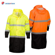 Custom 100% Waterproof High Visibility Adult Long Rain Coat with 3M Reflective Tapes and Front Zipper Safety EN20471